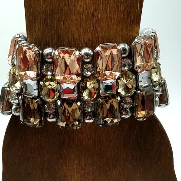 Crystal Rhinestone Stretch Bracelet Wide Amber Bronze Silver - Picture 8 of 10